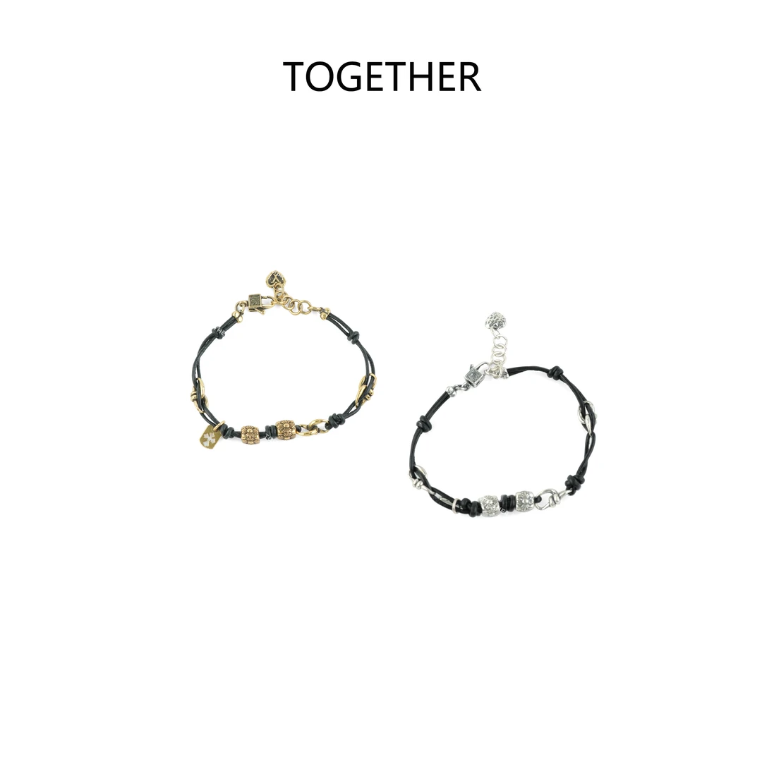 925银手链 【TOGETHER】S925十字印花立方克黑皮手链GD35