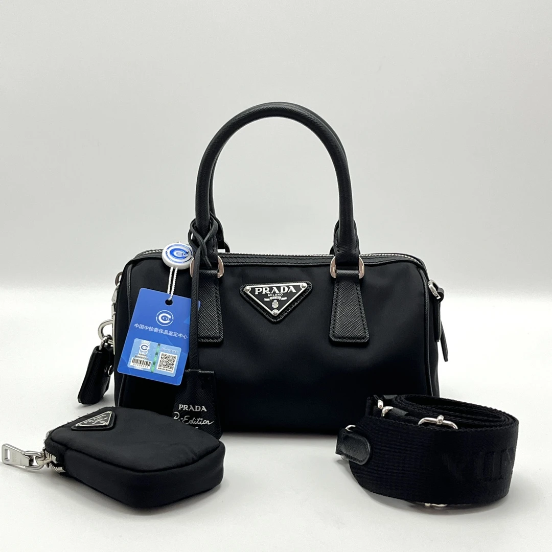99新 Prada/普拉达 黑色银扣尼龙降落伞手提单肩包 21227