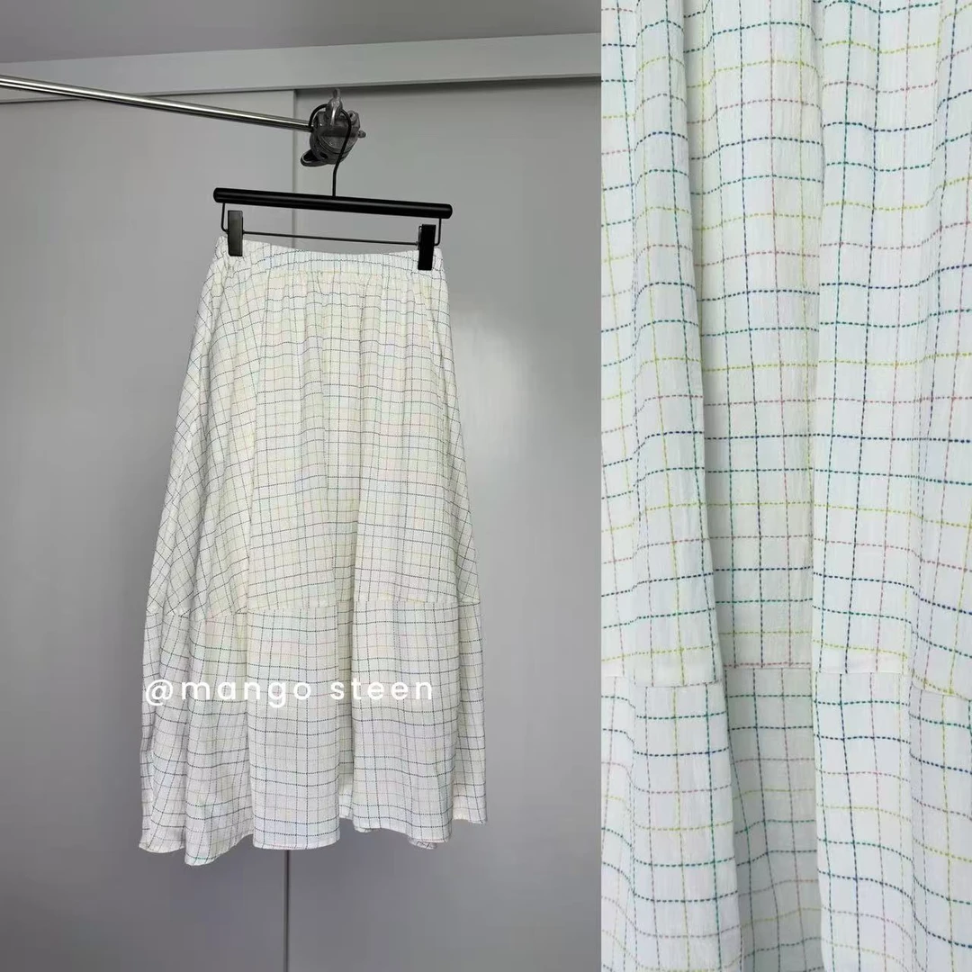 MANGO steen‘s丨彩虹刺绣格子亚麻花苞半裙J6233