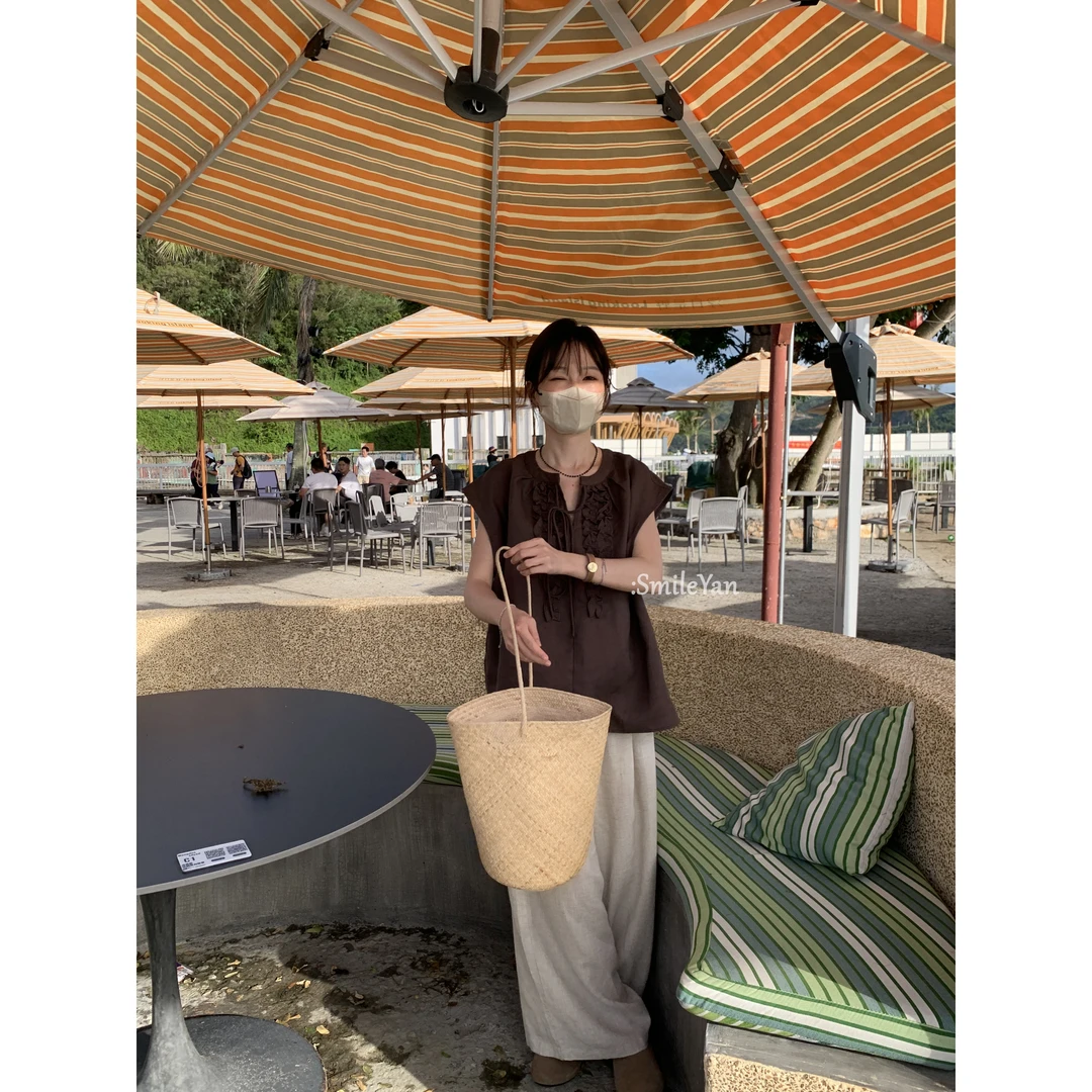 【SmileYan】（溪山晚风）设计感木耳边系带小衫