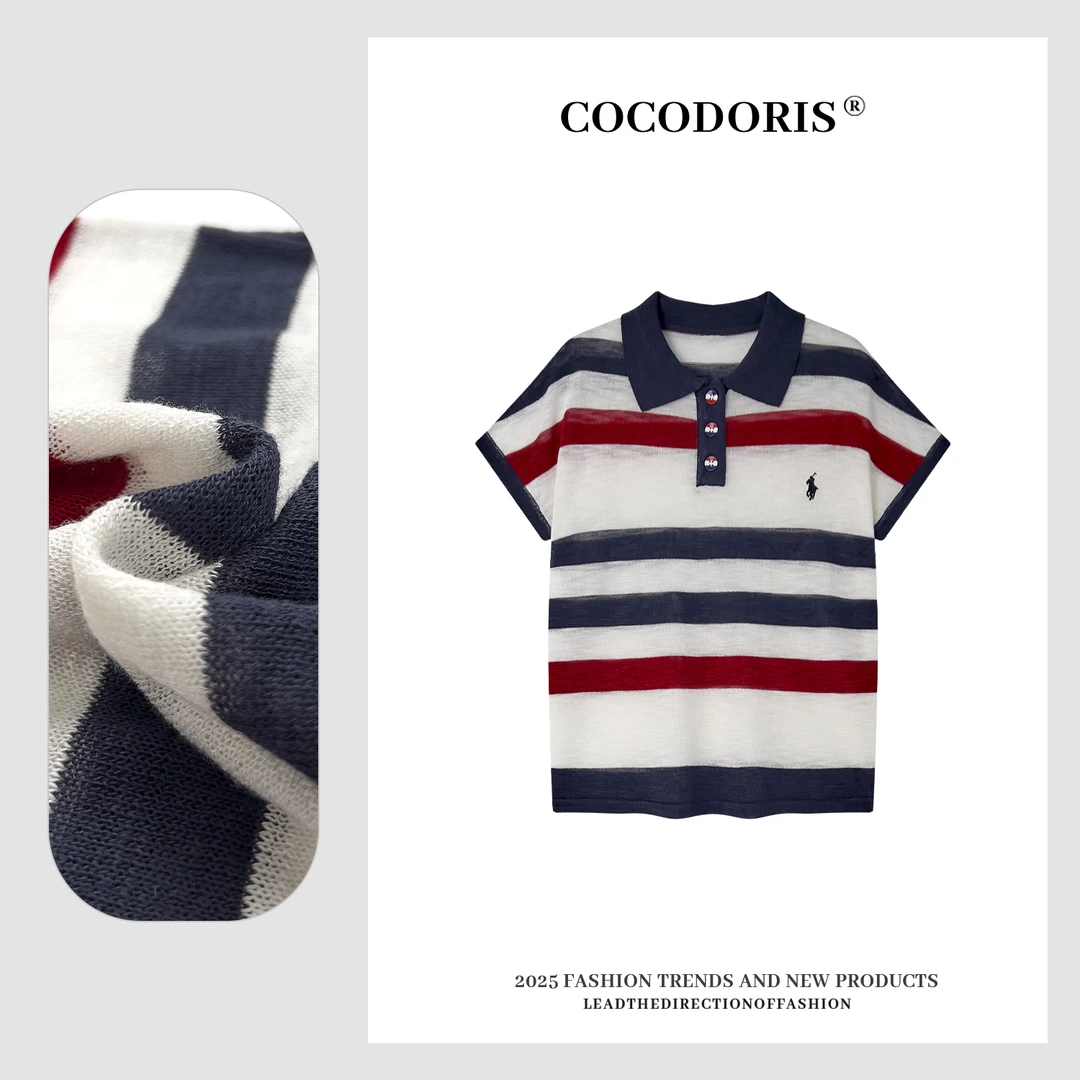 COCO DORIS新款复古polo领拼色条纹针织短袖夏季纽扣套头上衣8128
