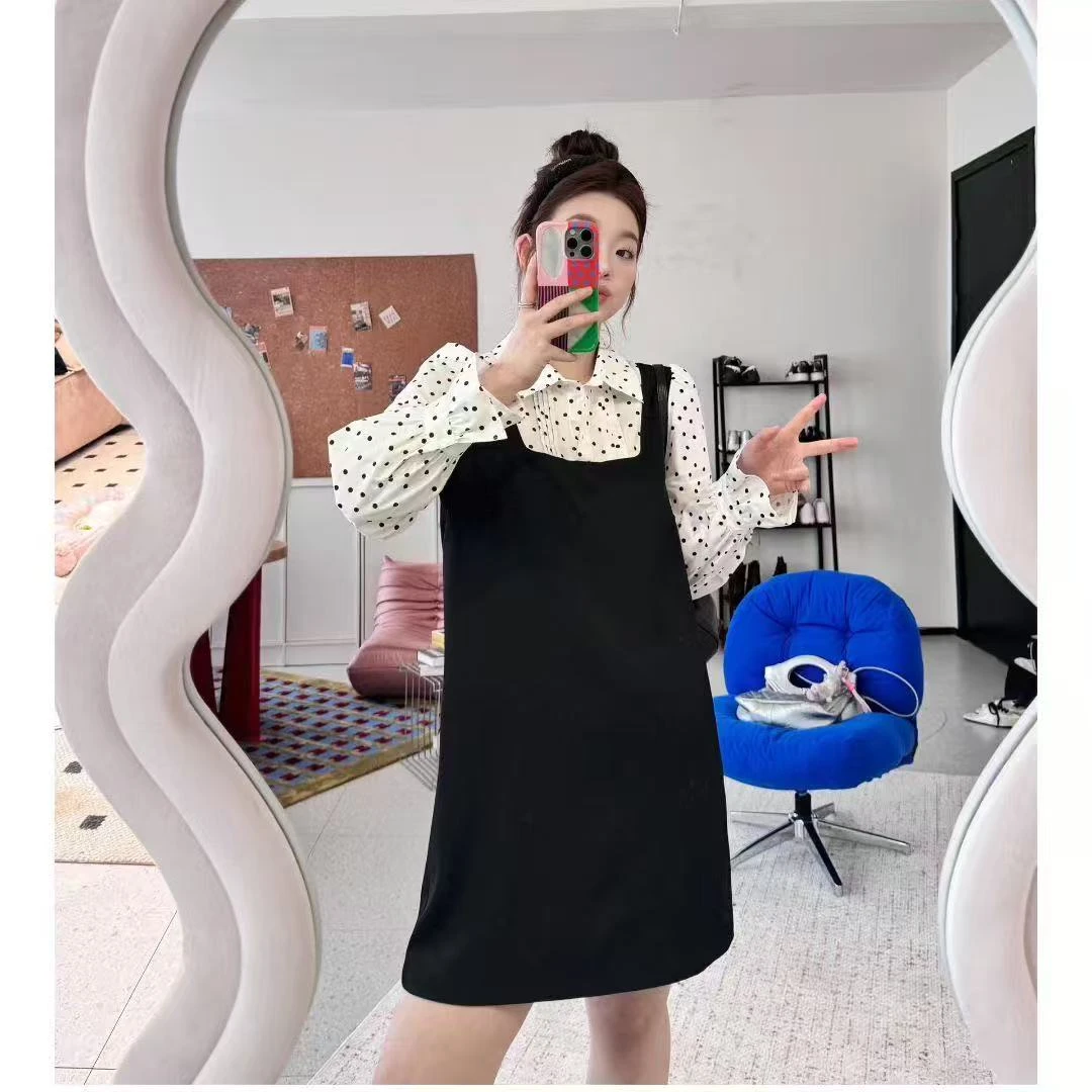 2025时尚韩版名媛风气质显瘦马甲裙波点打底衫套装6255