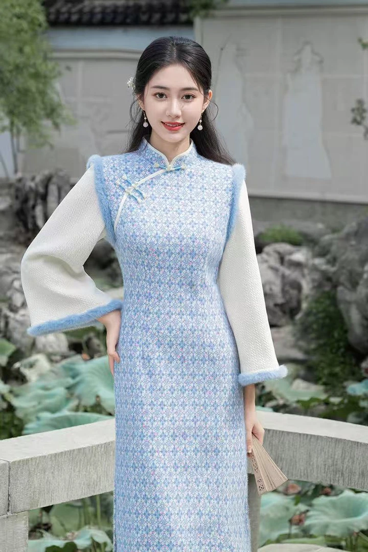 时尚秋冬季蓝色/橙色/亮黄色复古改良旗袍雪尼尔新中式低开衩旗袍