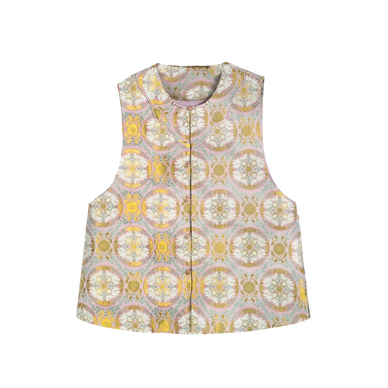 钱小萍五重围金鱼细莲宋锦圆领正襟花式扣马甲12517-1