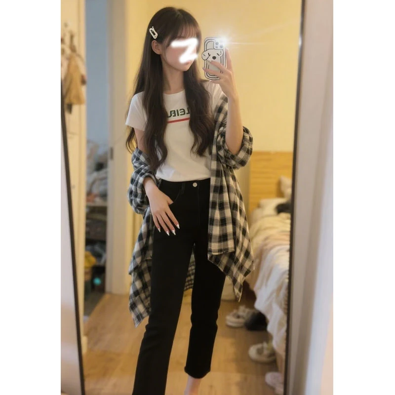 黑色烟管直筒牛仔裤女爆款2025年新款夏季薄款高腰春秋八九分裤子