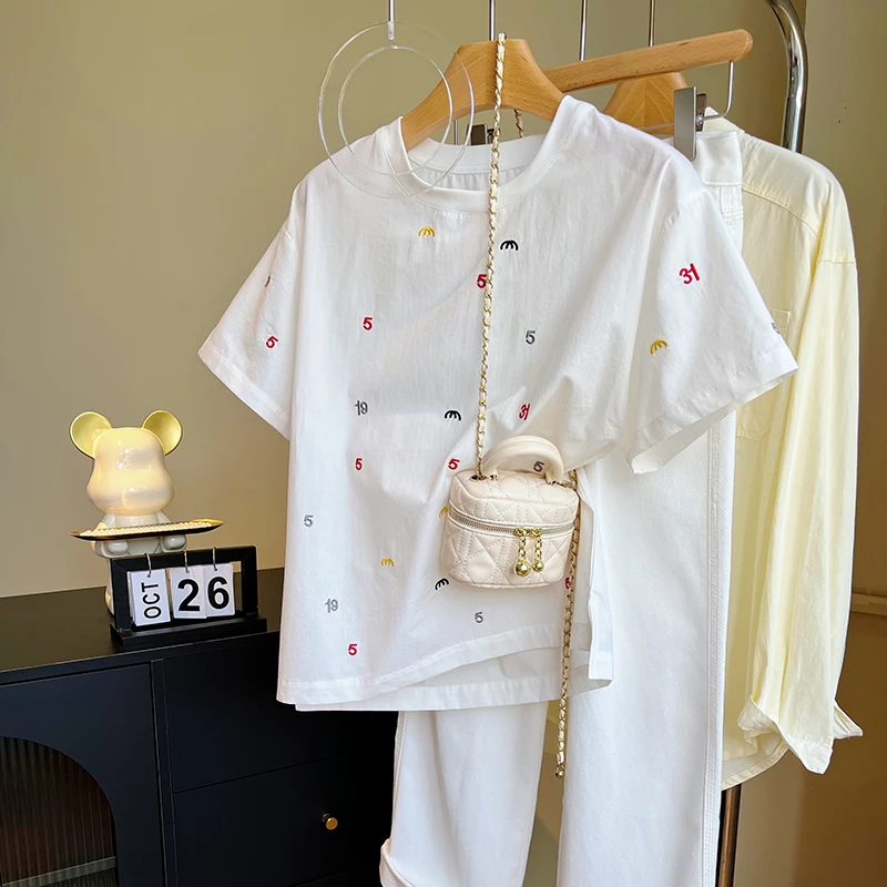 欧货2025新款100棉麻字母刺绣短袖T恤女夏设计感宽松百搭正肩上衣