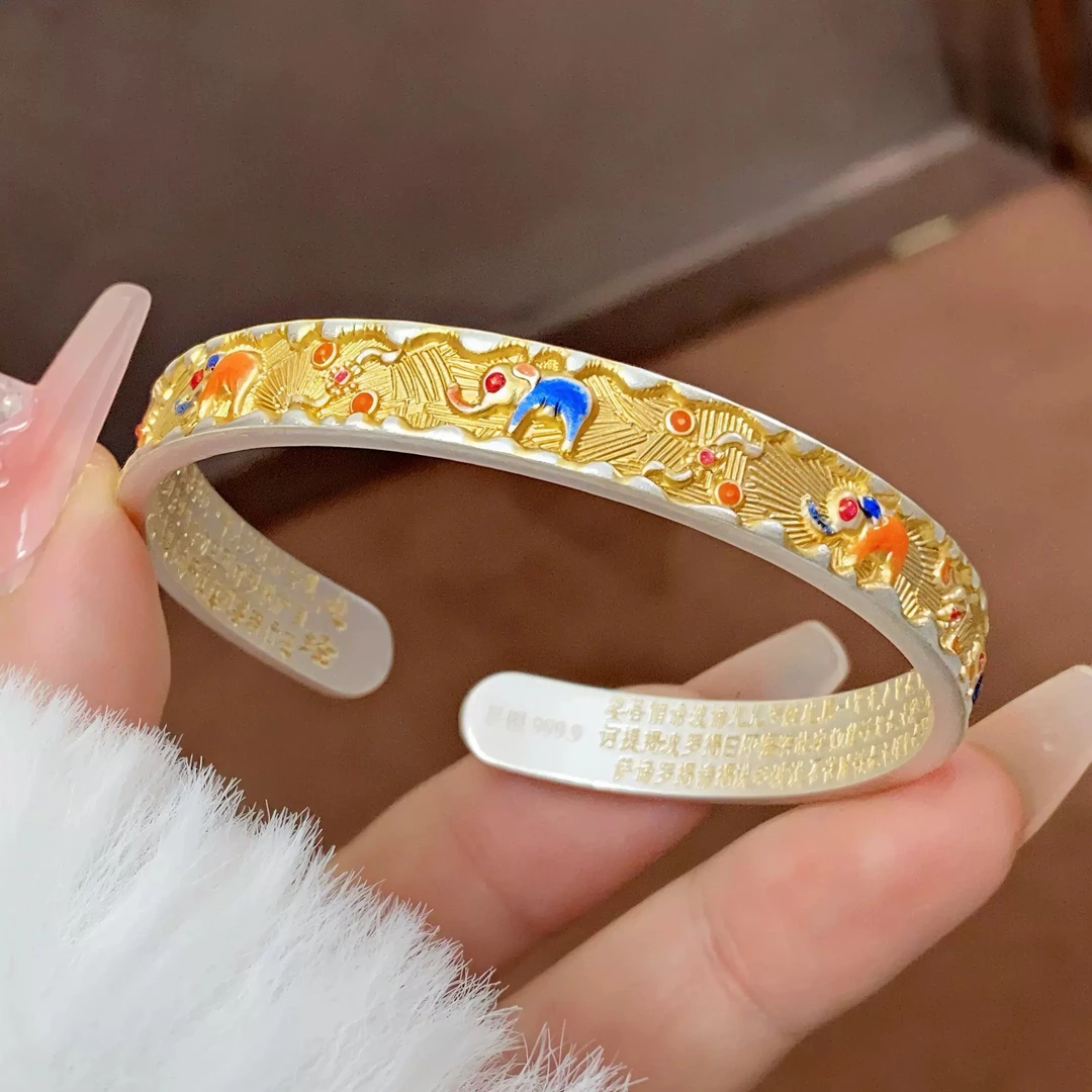 足银手镯 开口银手镯足银999.9珐琅吉象如意描金大象珐琅彩银镯子