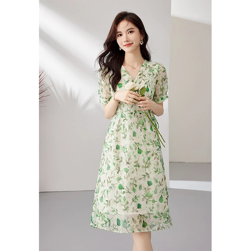 *梵希蔓优雅印花连衣裙V领泡泡短袖大摆裙M3139