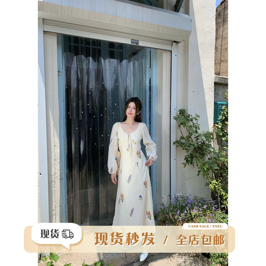 陳文文xenl【云溪梦】新款重工刺绣圆领绑带收腰显瘦连衣裙长裙0151