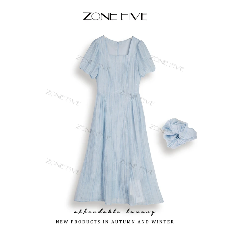 【zonefive】【星河流转裙】方领细闪连衣裙夏季肌理感纹理感收腰显瘦