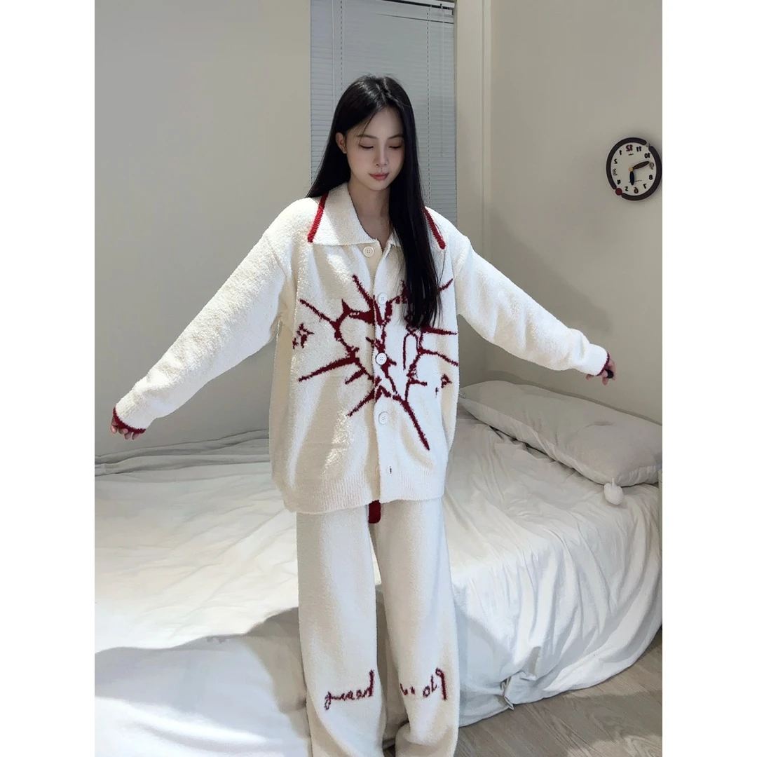 简约高级感撞色半边绒睡衣女冬保暖长袖开衫长裤家居服套装可外穿