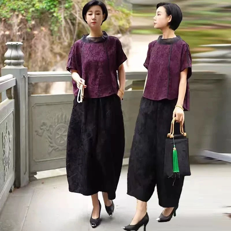 时尚2025夏季宽松新款国风上衣气质优雅提花两件套大码阔腿裤套装