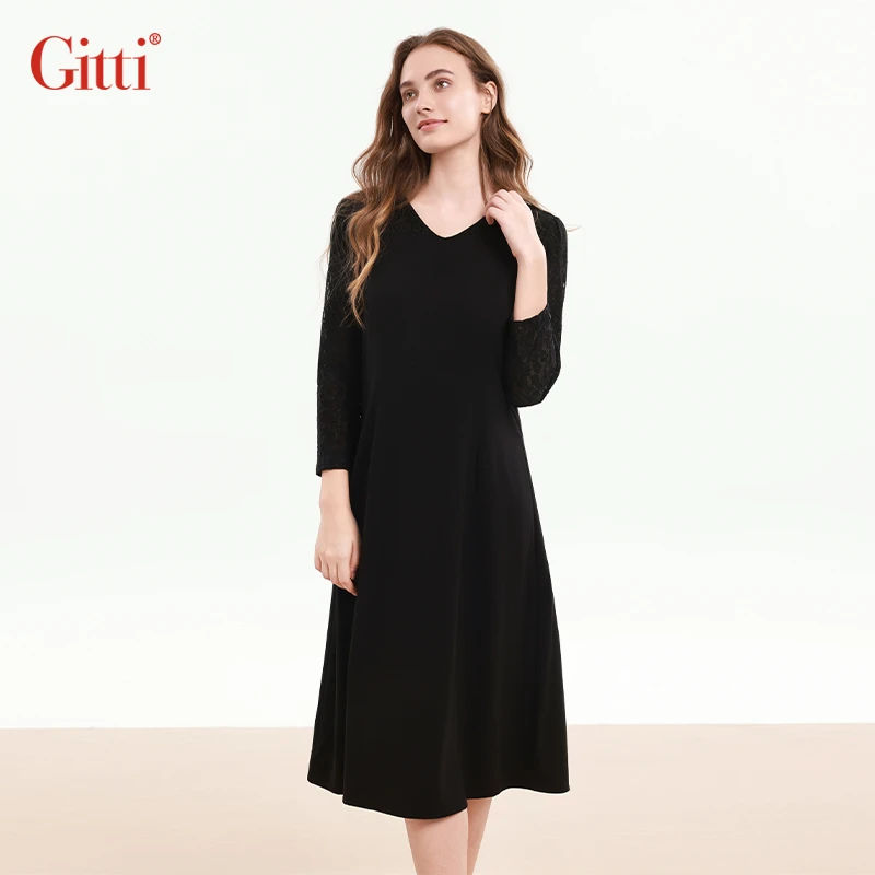 Gitti/吉蒂优雅显瘦V领蕾丝连衣裙女大码拼接裙子G255154