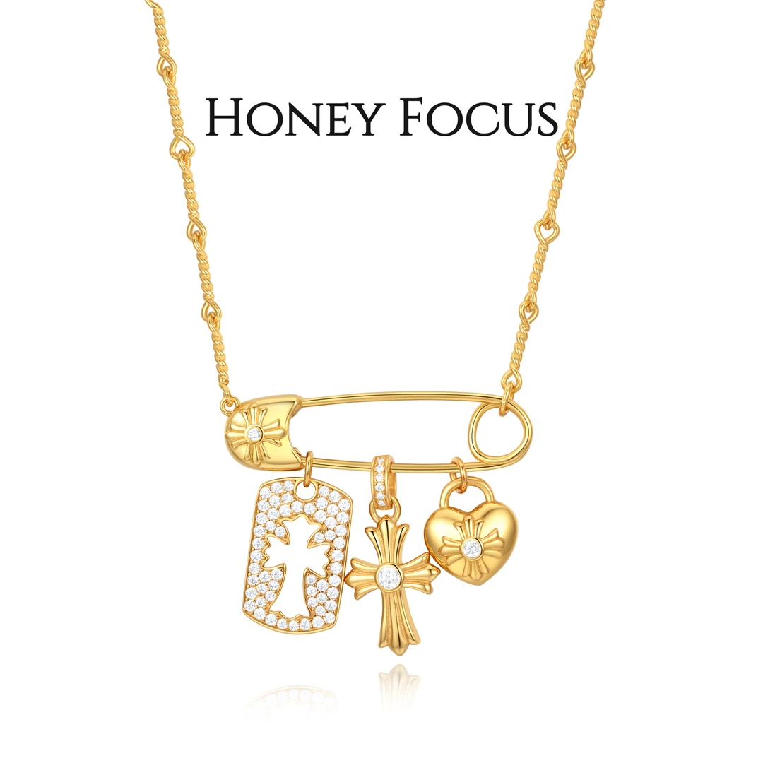 坠链均925银合成锆石 别针项链 金色复古款百搭可DIY项链 #9026