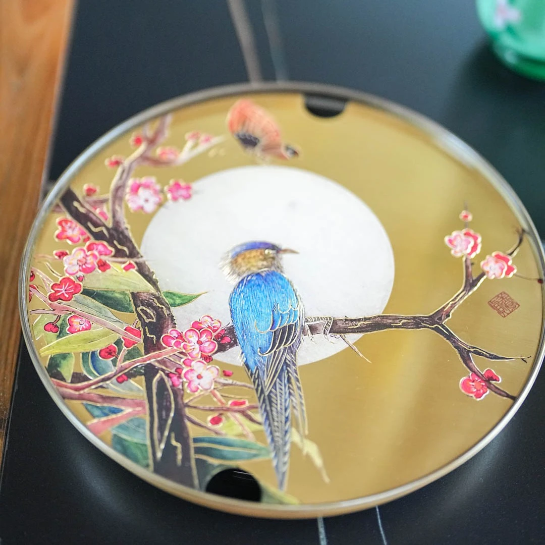 【奇居高端】中式一体全铜喜鹊登梅茶盘家用圆形收纳盘#TP1820