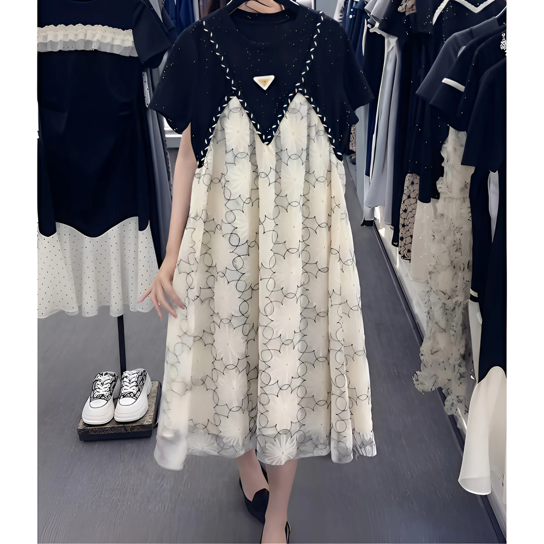 法式拼接假两件短袖连衣裙女2025年夏季新款设计感时尚洋气仙女裙