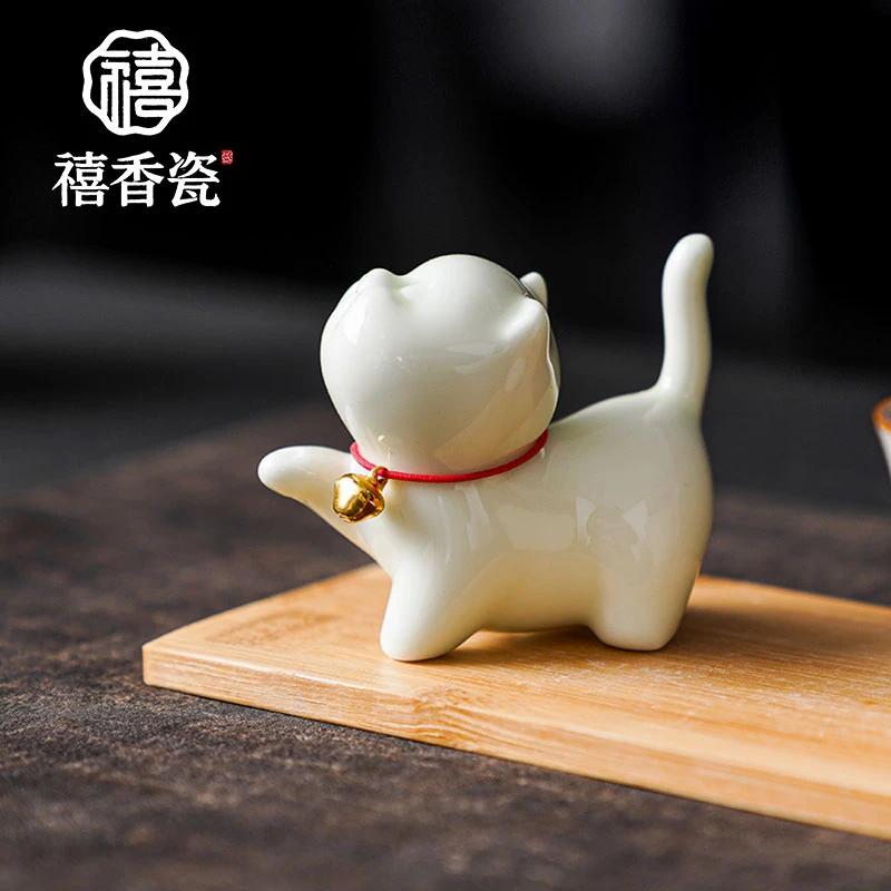 可爱小猫茶宠小摆件纯手工精品浪漫可养创意国潮陶瓷香插书房摆件