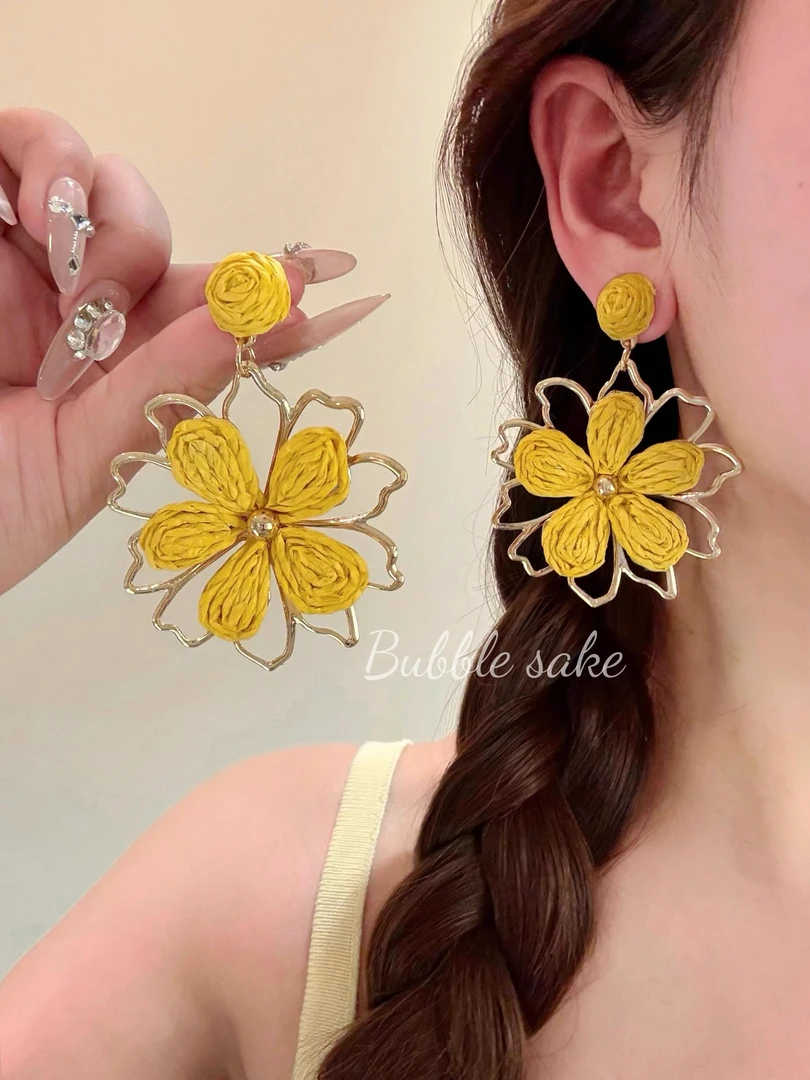 铜合金耳饰  度假风编织花朵耳环高级感耳饰夸张个性海边拍照耳钉