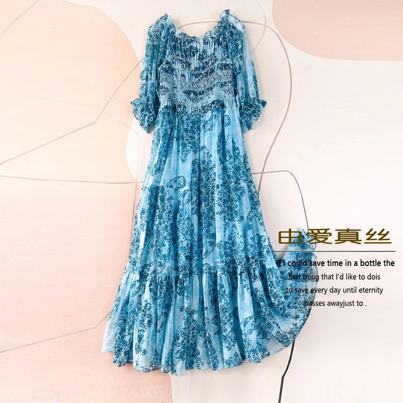 100%桑蚕丝碎花连衣裙高腰碎花民族风气质轻奢长款时尚收腰长裙