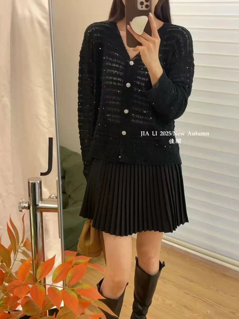 毛衣九炫新款设计镂空V领时尚百搭韩系黑色长袖开衫上衣秋季秋冬
