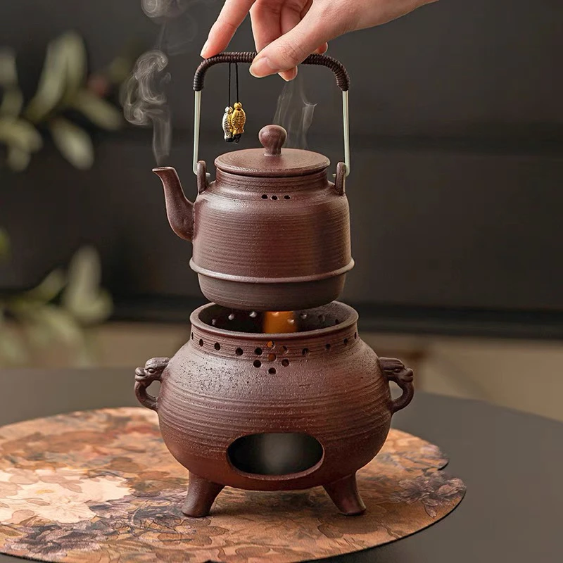 双耳三足落语侧把壶套装见山平清炭炉卓逸围炉煮茶煮水壶