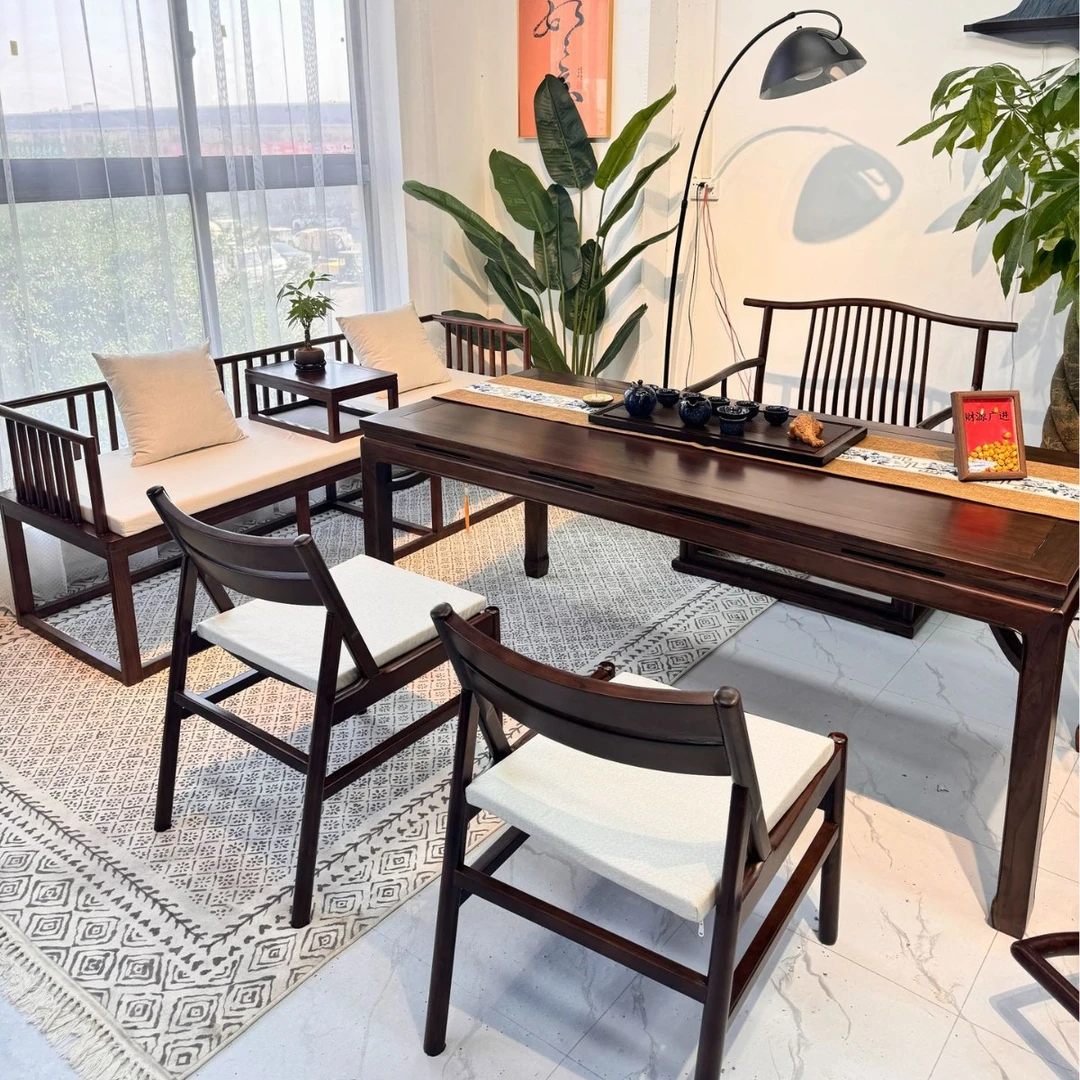 老榆木马蹄桌实木茶桌椅组合中式书法桌写字桌茶台家用客厅办公室