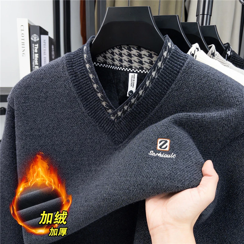 冬季新款高档男士加绒加厚保暖潮流V领卫衣针织衫套头长袖毛衣