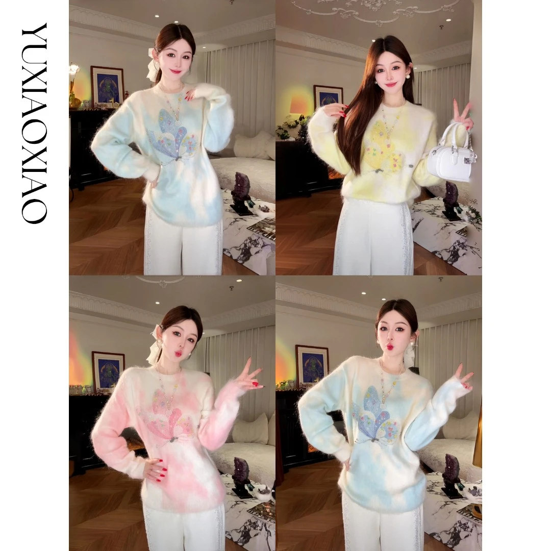 余潇潇【花间蝶语】绵羊毛马海毛混纺晕染蝴蝶烫钻圆领长袖毛衣