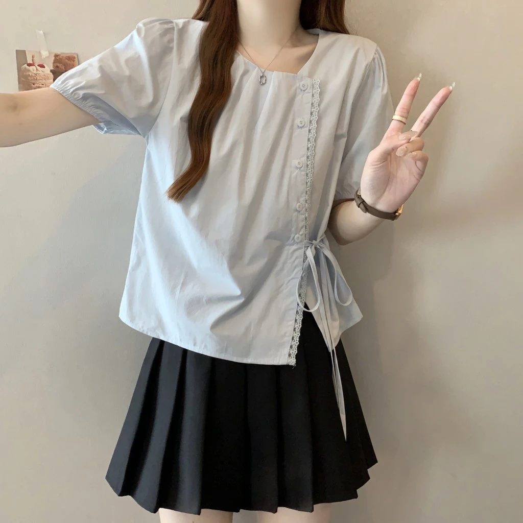 夏装新款韩系甜美时尚设计感拼花边侧系带休闲宽松大码衬衫衬衣女