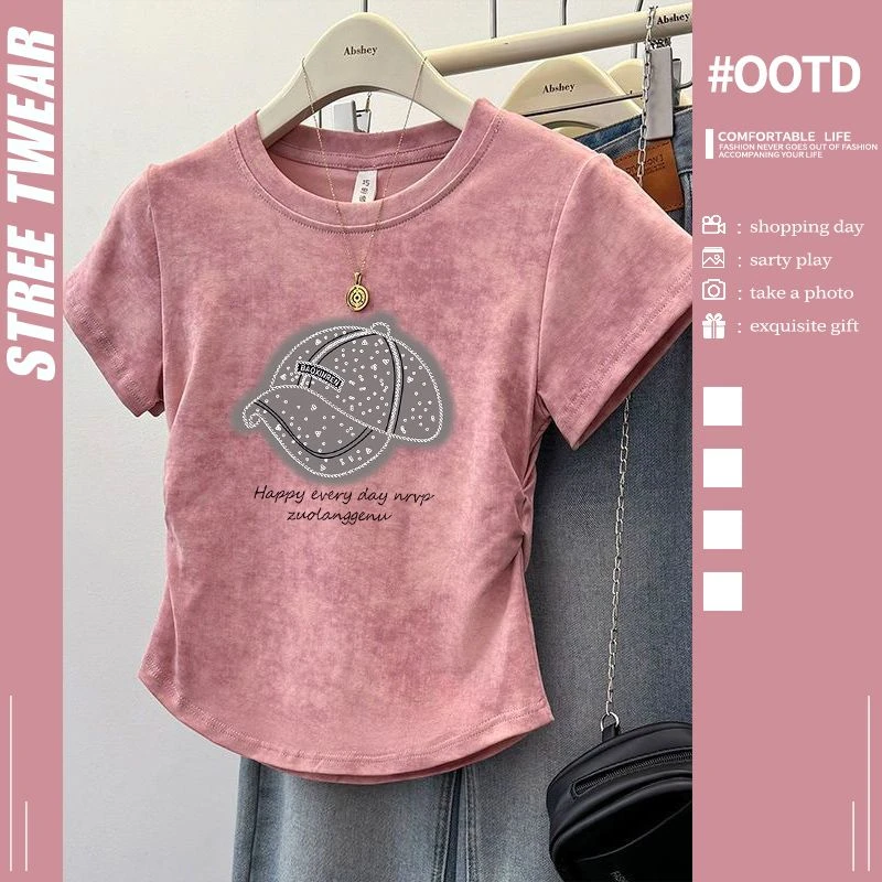 美式复古收腰褶皱扎染短袖T恤女夏季2024新款修身显瘦正肩上衣服