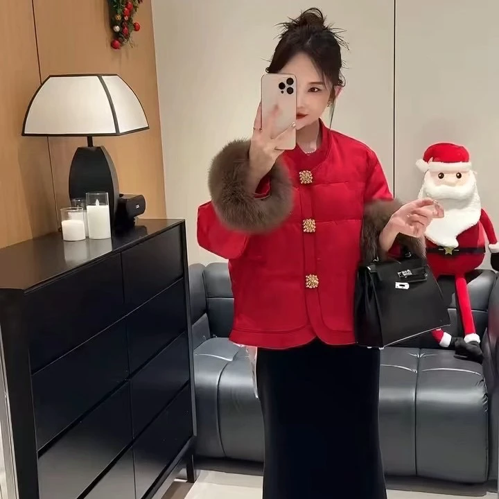 新年国风轻奢提花时尚毛袖可拆加厚短款棉服女气质百搭网红款33#