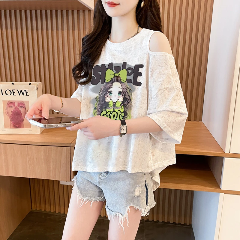 设计感时尚潮流扎染短袖T恤女夏季宽松休闲减龄卡通露肩上衣ins潮