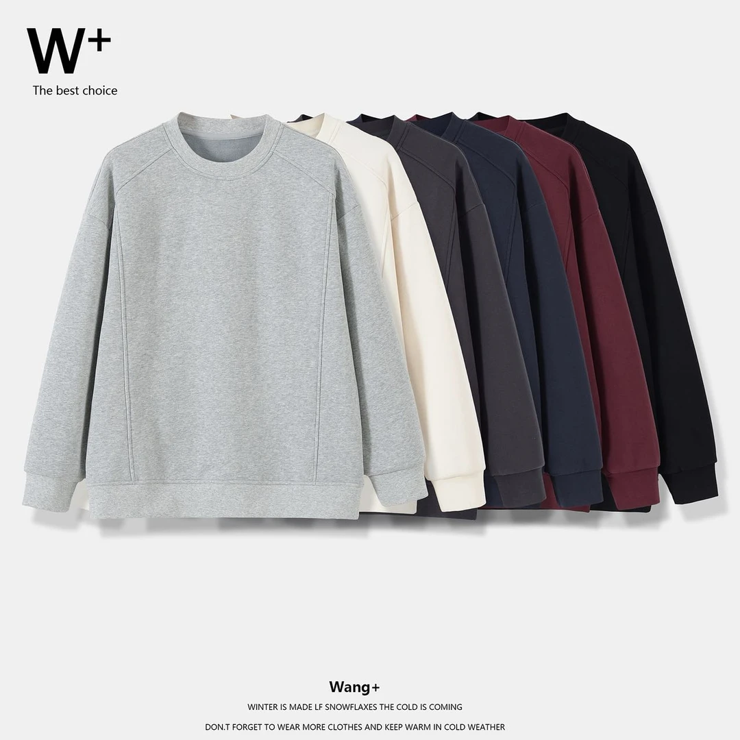 【Wang+】秋冬季男款情侣休闲简约加绒加厚圆领百搭卫衣9206