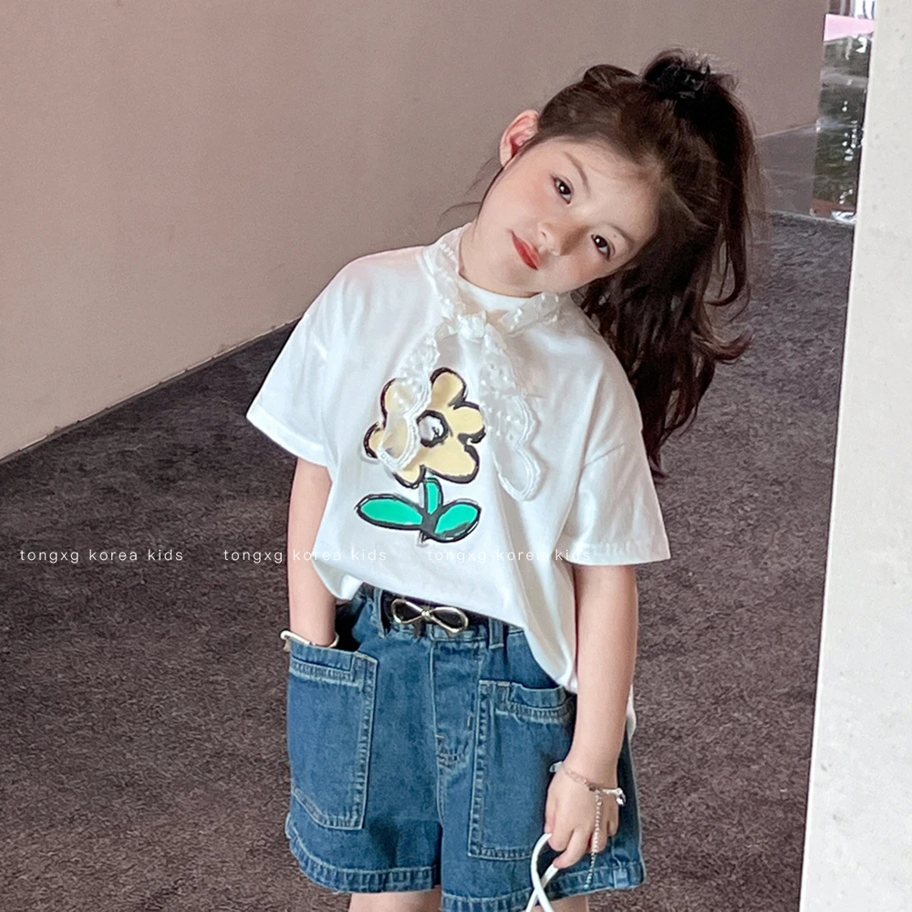 【潼小乖】定制2025夏新款中大童女童纯棉短袖简约风花朵潮版ys244