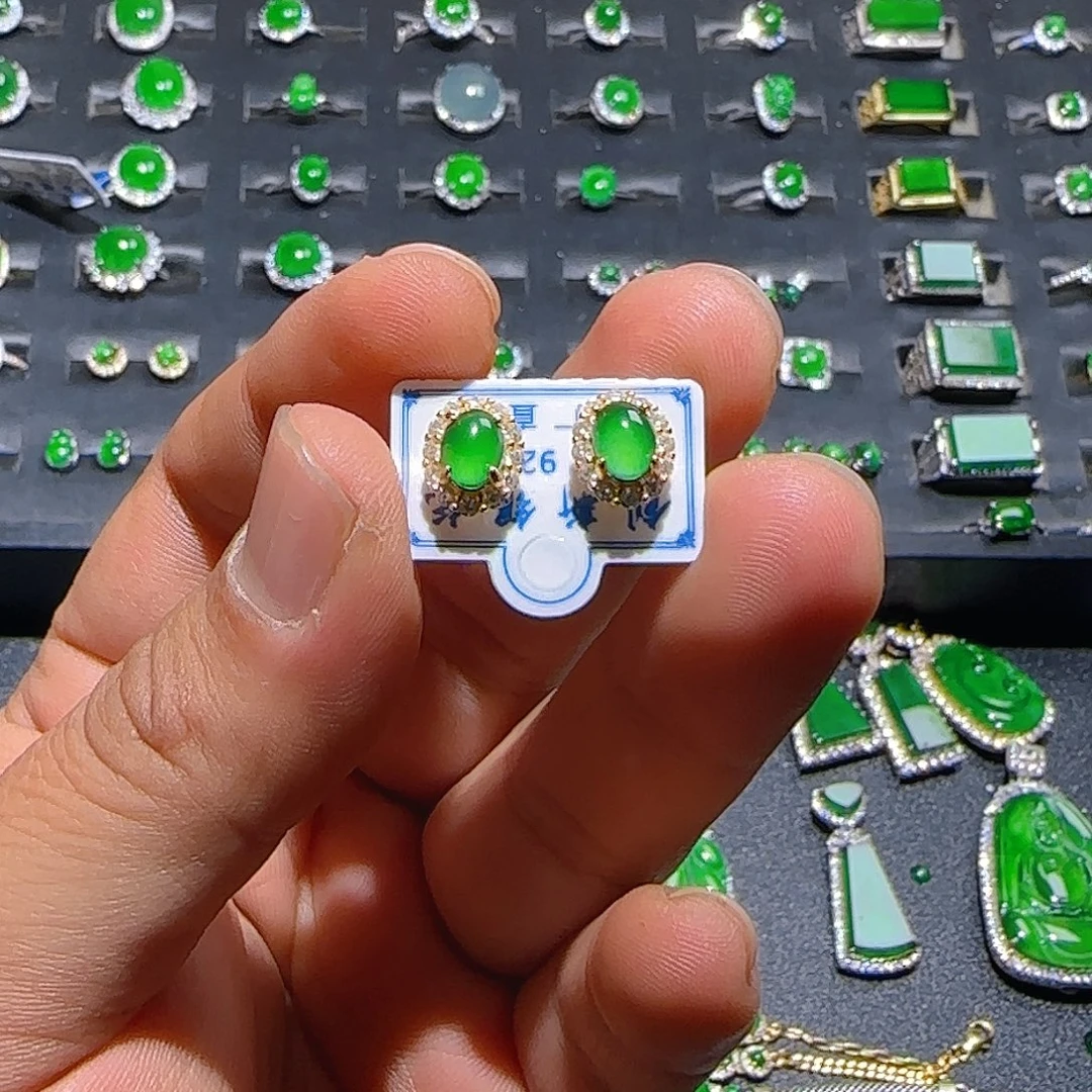 翡翠银S925镀金镶嵌耳饰