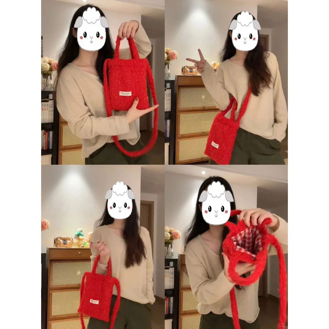 囊中慕自制圣诞爆闪可爱小毛绒包女新年红斜挎手机托特单肩腋下包