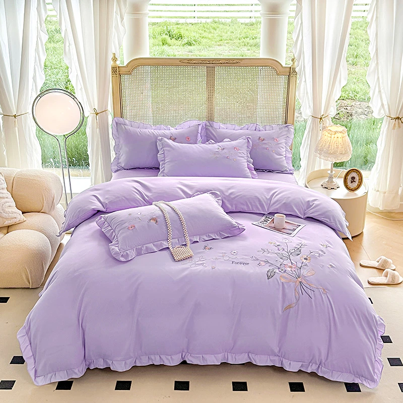 韩版刺绣床上四件套亲肤柔软韩式公主风小清新纯色四件套大版绣花