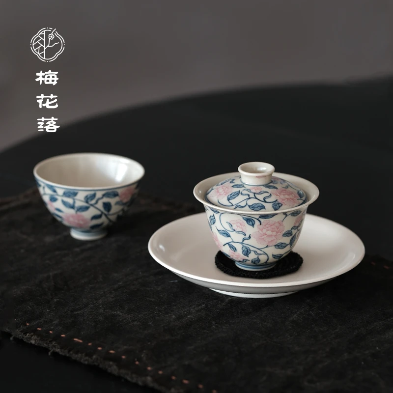 梅花落景德镇手绘青花斗彩牡丹盖碗主人杯茶杯泡茶碗望野生香