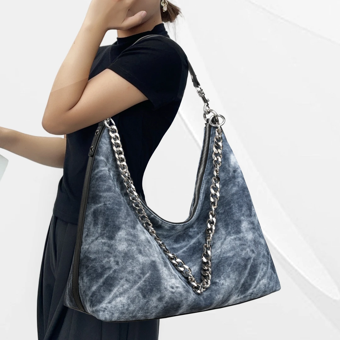 CCAMO女士真皮包包轻奢小众高级感包时尚蓝色牛仔单肩包女腋下包