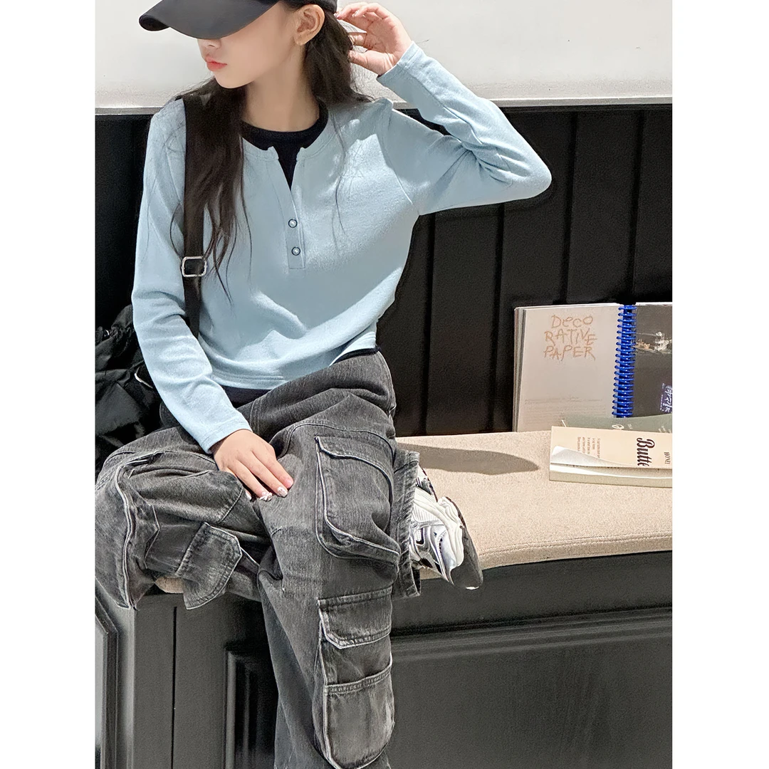 K29619孙小美抽褶假两件女童长袖T恤2025秋装新款儿童打底衫上衣