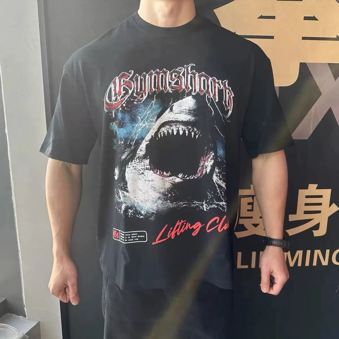 GYMSHARK鲨鱼健身宽松重磅棉短袖T恤男女美式大白鲨小领口五分袖