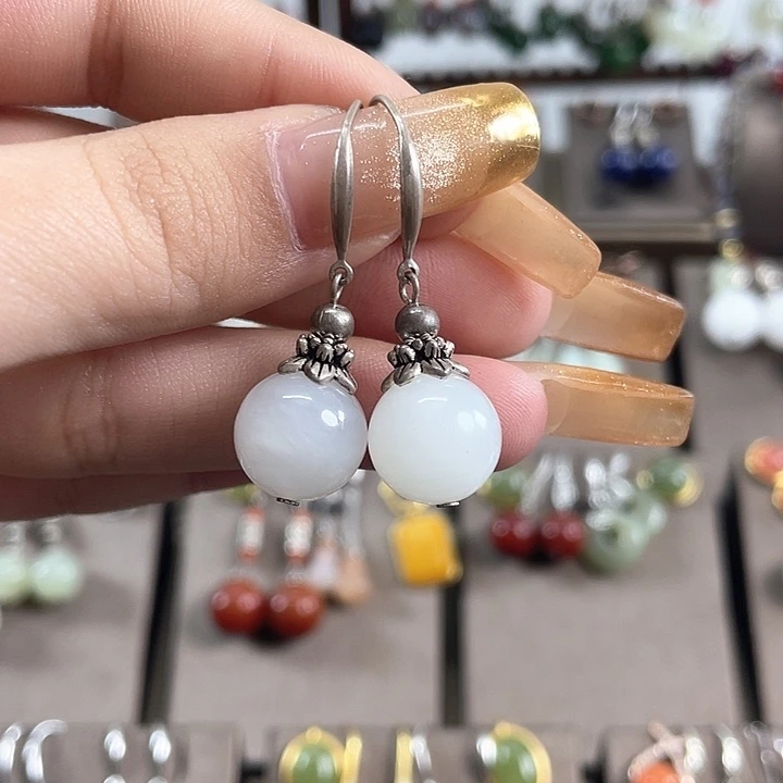 和田玉耳饰银S925镶嵌12左右