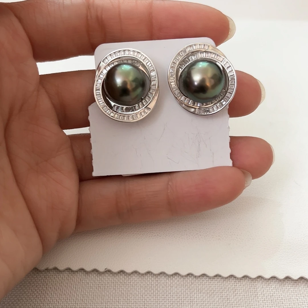 海水珍珠耳饰银S925镶嵌孔雀绿11-12
