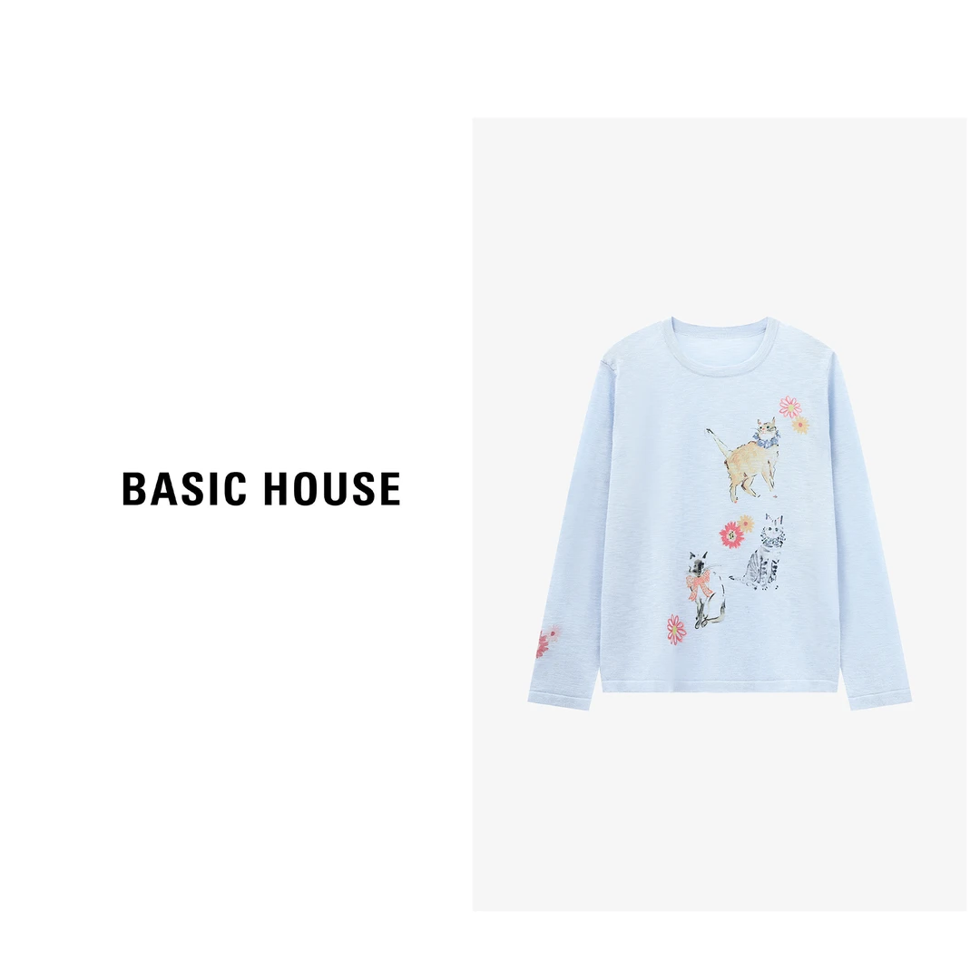 Basic House/百家好夏季休闲风猫咪印花长袖针织衫B0625B5H752