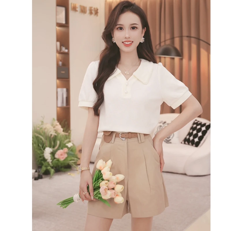 法式小香风别致翻领短袖T恤女2025夏季新款小个子时尚百搭短款