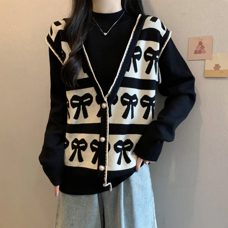 大码女装遮肚子复古假两件针织毛衣女秋冬胖妹妹宽松显瘦洋气上衣