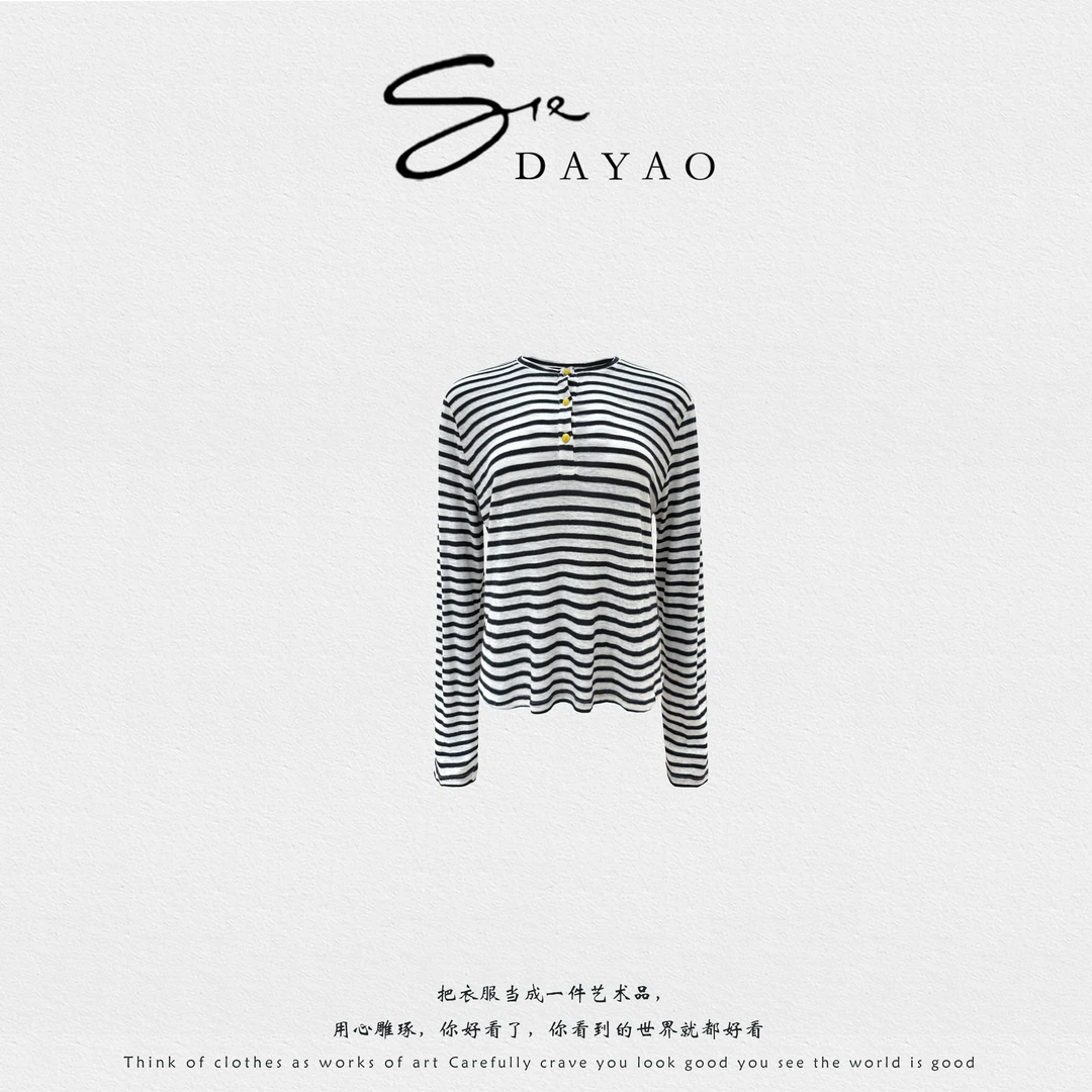 「DAYAO」25s打底衫休闲修身针织圆领条纹常规休闲T恤长袖WYA25928