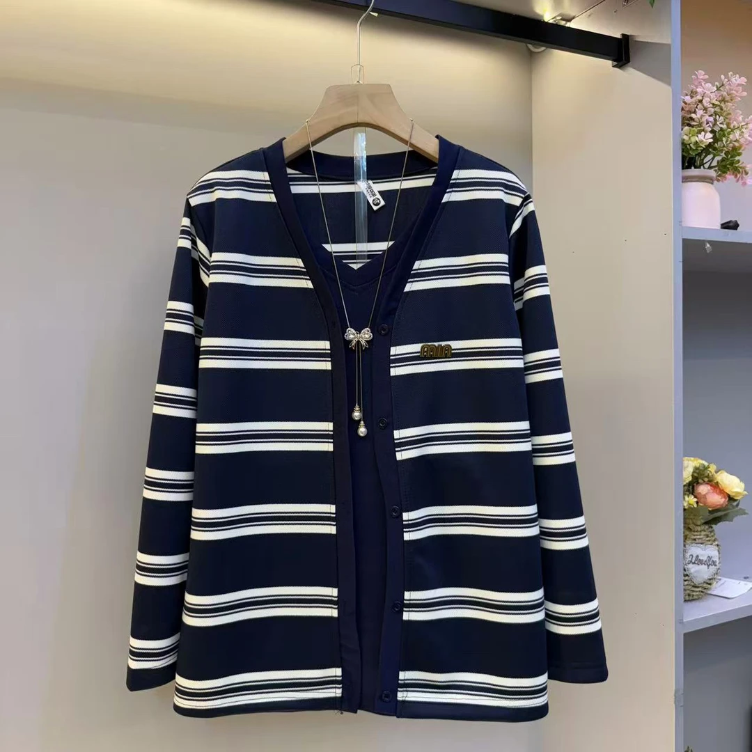 2025大码女装假两件条纹休闲时尚开衫