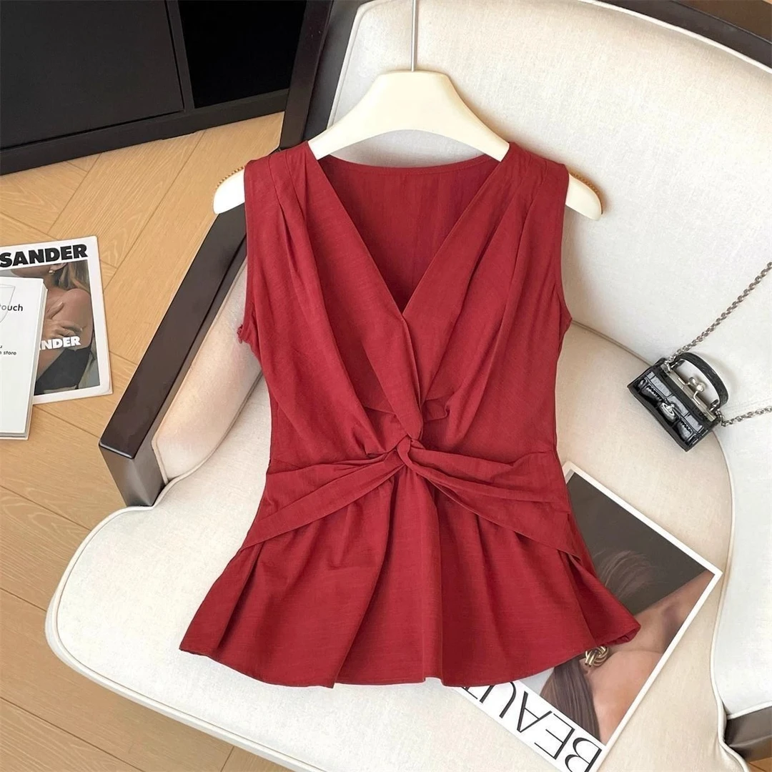 红色高级感v领衬衫女夏装新款时尚气质无袖背心扭结修身显瘦上衣