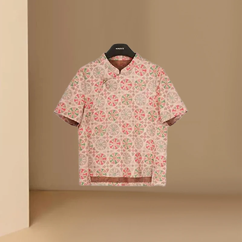 大码新中式个性独特印花上衣女2025年夏季新款洋气高级感百搭短袖